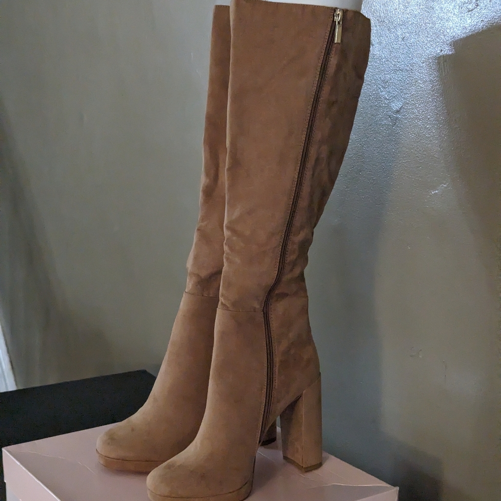 Camel faux suede platform heel boots. Size 8.5